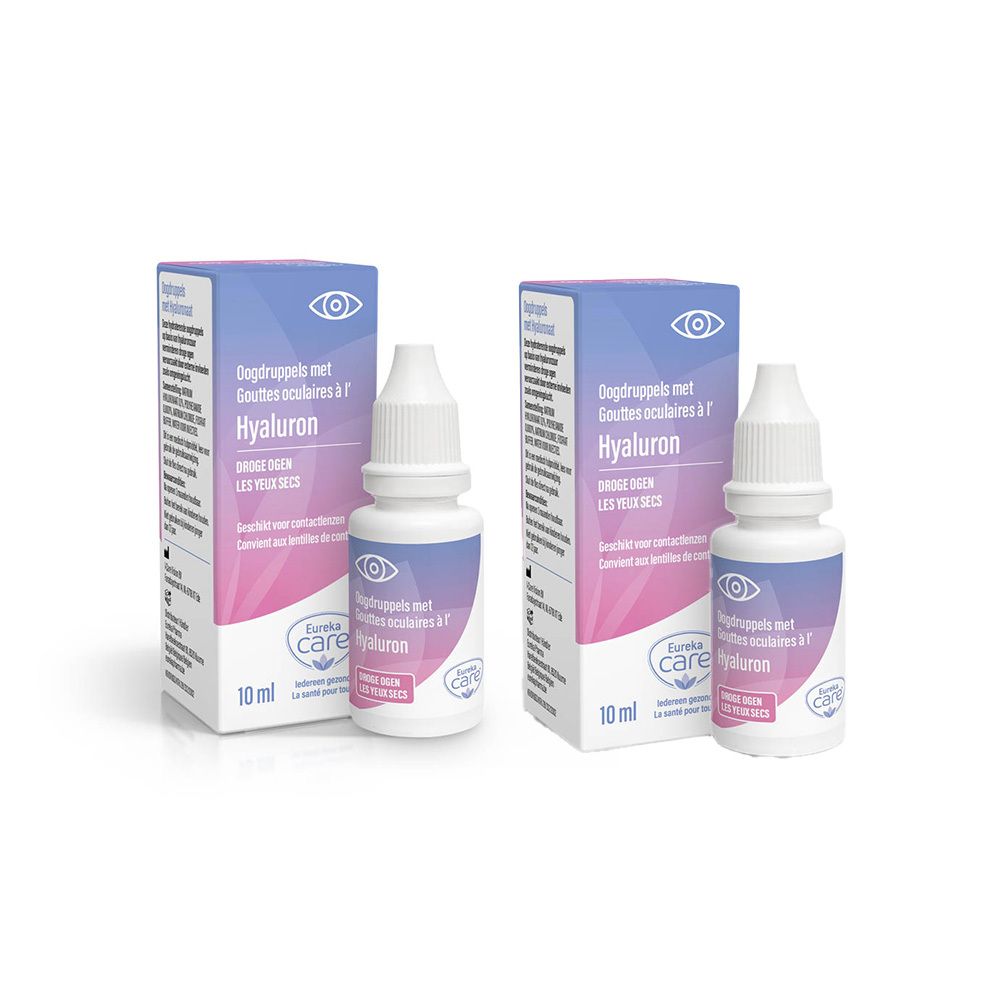 Deux flacons et emballages de gouttes oculaires. "Hyaluron" et "Eureka Care" sont visibles sur l'emballage.