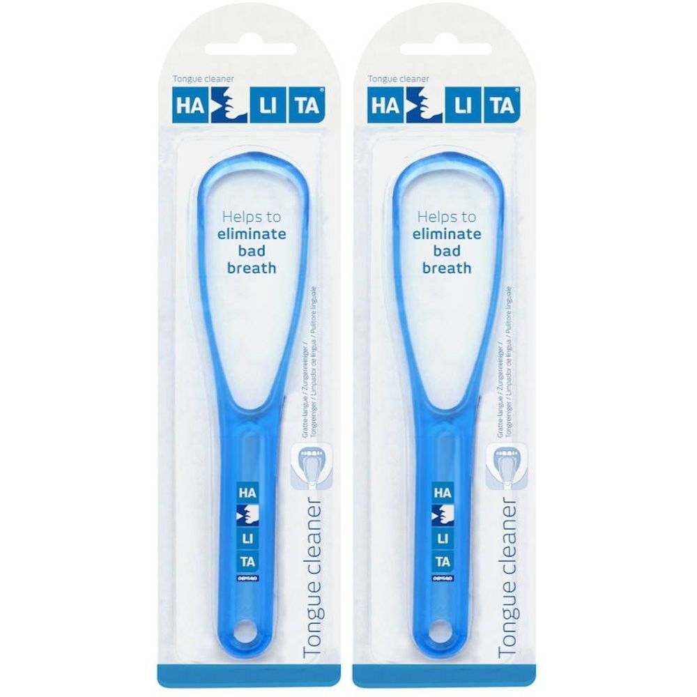 Deux grattoirs à langue bleus emballés. Inscription : HALITA, Tongue cleaner. Aide à éliminer la mauvaise haleine.