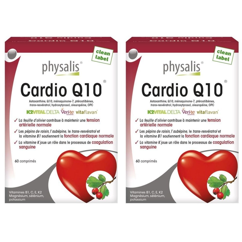 Deux boîtes de Physalis Cardio Q10. Boîtes blanches avec motif cœur rouge. Texte: Cardio Q10, 60 comprimés, Vital Delta.