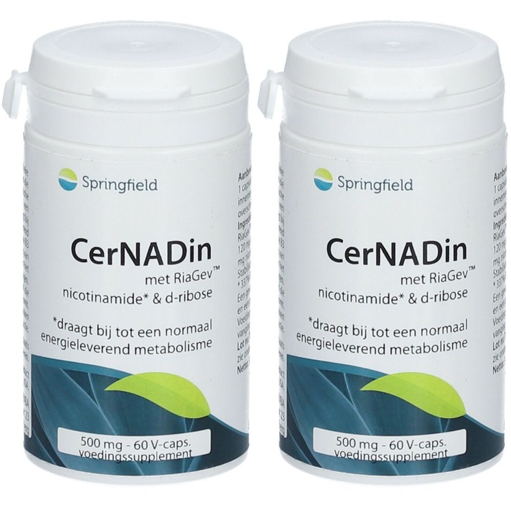 Deux flacons blancs "Springfield Cernadin". Contient nicotinamide & D-ribose. 500 mg, 60 capsules.