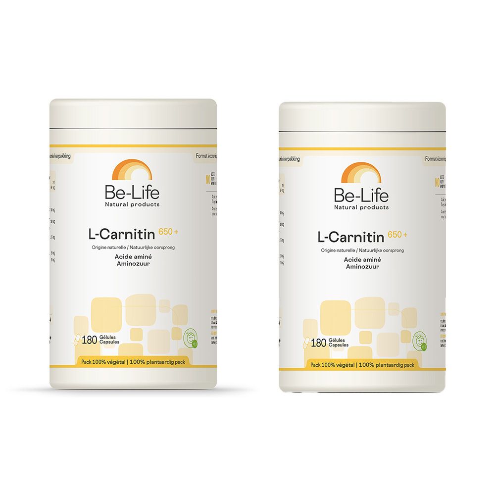 Deux flacons blancs avec étiquettes. Inscription: Be-Life L-Carnitine 650+. 180 gélules. 100% végétal.