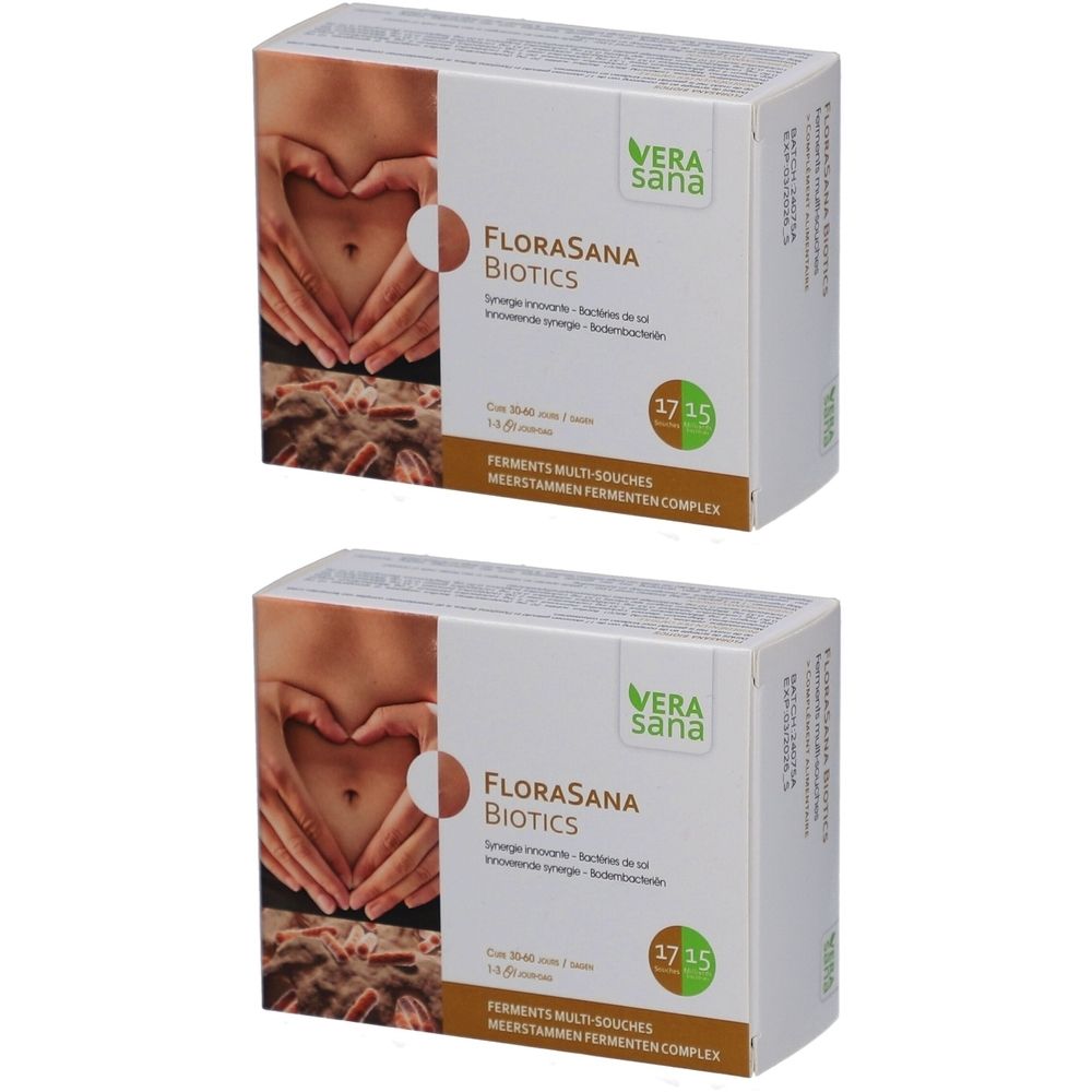 Deux boîtes de FloraSana Biotics. Boîtes blanches avec logo et informations produit. Image d'un ventre avec des mains.
