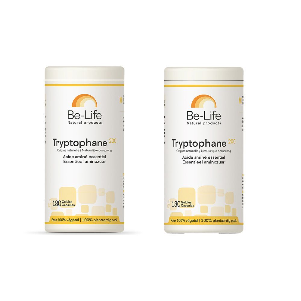 Deux boîtes de Be-Life Tryptophane 200 mg. Blanches, accents jaunes. Inscription: Tryptophane 200, 180 gélules, végétal.