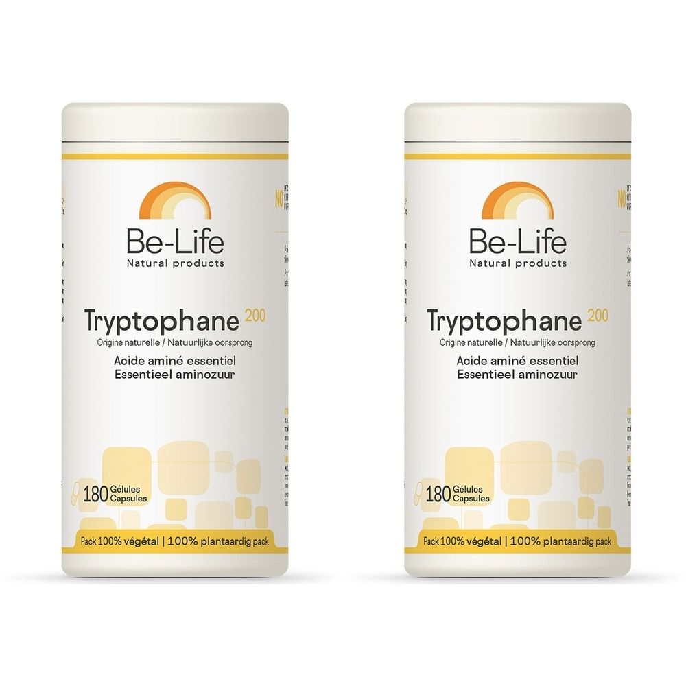 Deux boîtes de Be-Life Tryptophane 200 mg. Blanches, accents jaunes. Inscription: Tryptophane 200, 180 gélules, végétal.