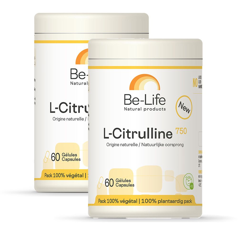Deux boîtes blanches avec couvercles jaunes. Inscription: Be-Life L-Citrulline 750. 60 gélules. Étiquette "New".