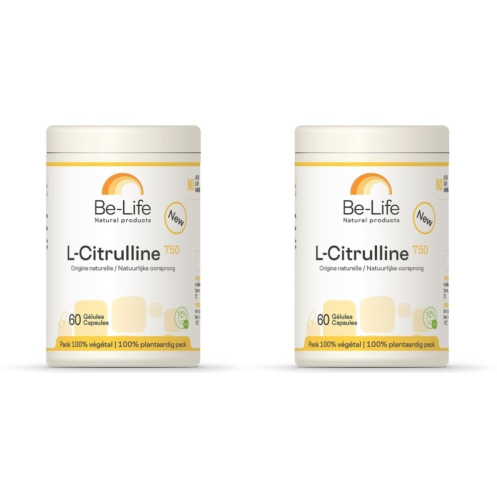 Deux boîtes blanches avec couvercles jaunes. Inscription: Be-Life L-Citrulline 750. 60 gélules. Étiquette "New".