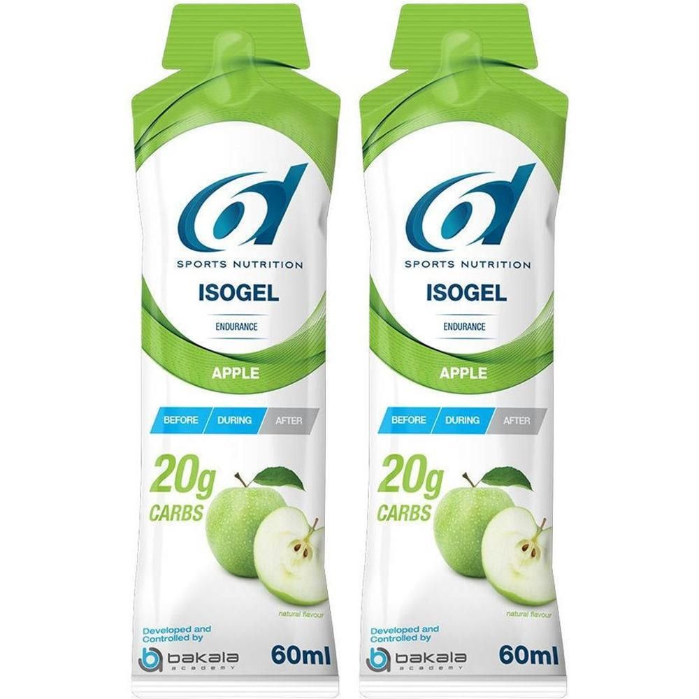Deux sachets de 6D SPORTS NUTRITION IsoGel Pomme. Design vert et blanc. Contient 20g de glucides. 60ml. Illustration de pomme.