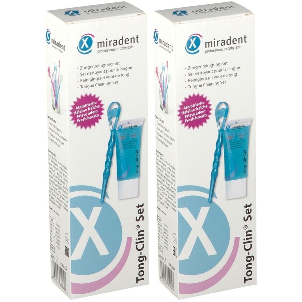 Deux boîtes de produit. Inscription : miradent Tong-Clin Set. Contient un gratte-langue et du dentifrice.