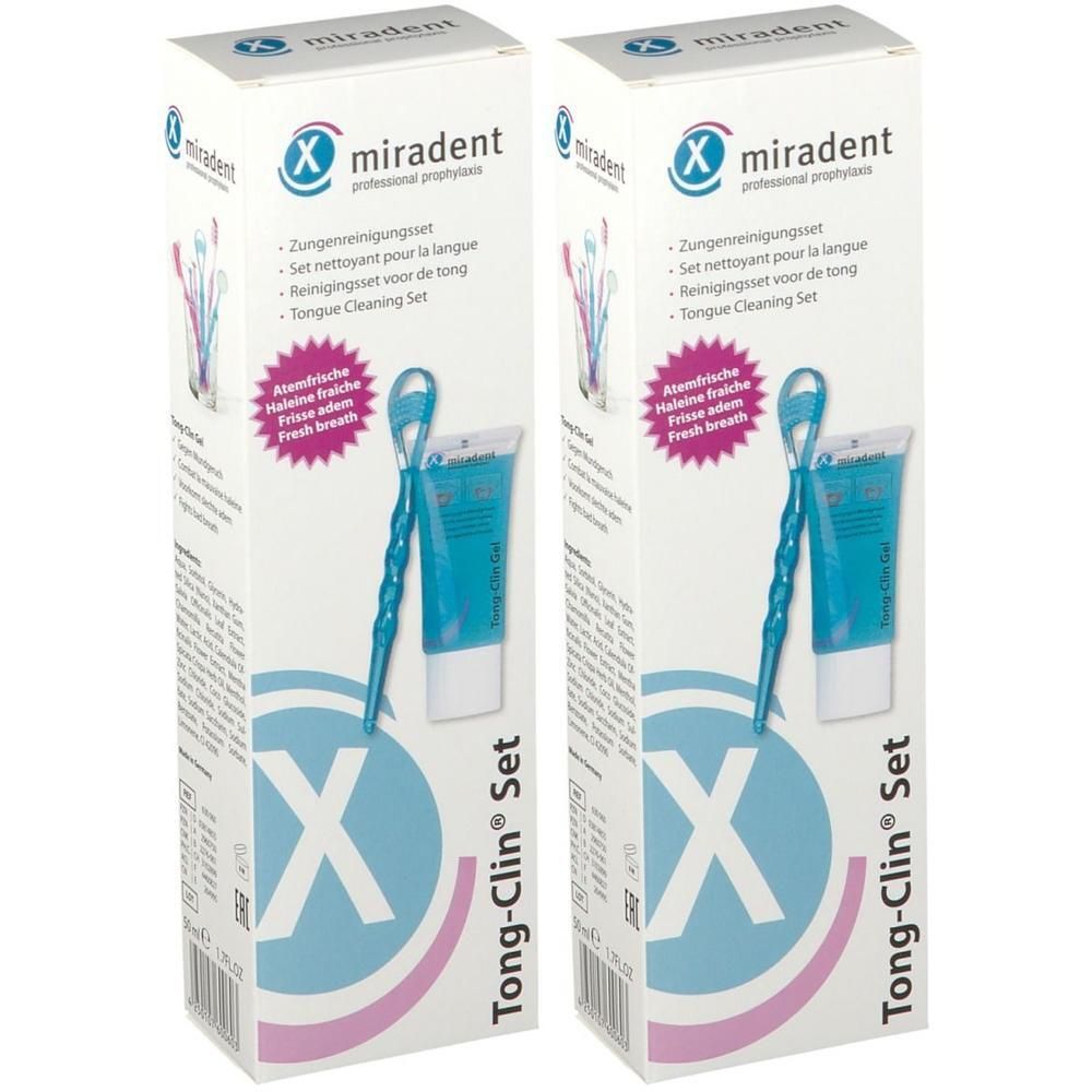 Deux boîtes de produit. Inscription : miradent Tong-Clin Set. Contient un gratte-langue et du dentifrice.