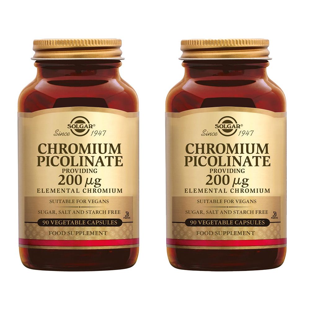 Deux flacons de Chromium Picolinate Solgar. Flacons en verre brun avec couvercles dorés et étiquettes. Texte : Chromium Picolinate 200µg.