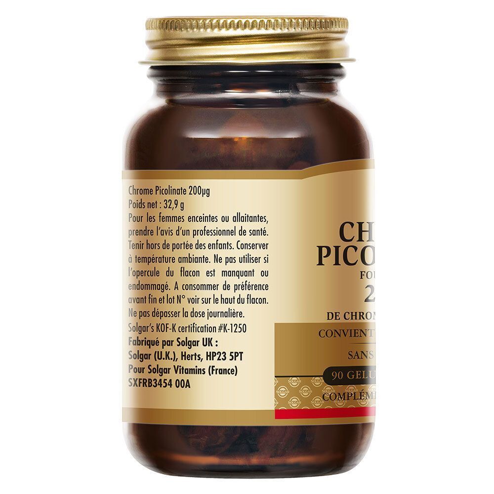 Dos d'un flacon de Chrome Picolinate Solgar. Flacon en verre brun avec couvercle doré. Étiquette avec texte en français.