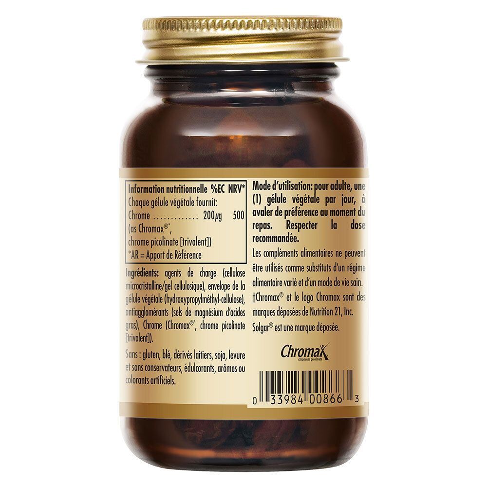 Dos d'un flacon de Chrome Picolinate Solgar. Flacon en verre brun avec couvercle doré. Étiquette avec informations nutritionnelles et ingrédients.