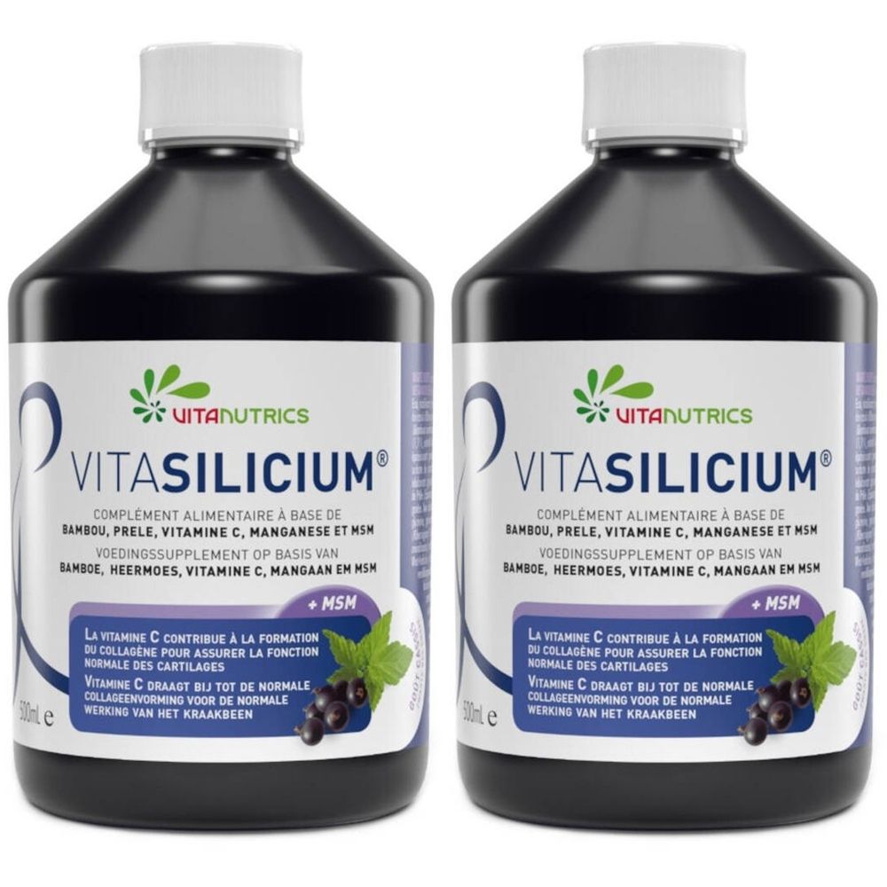 Deux bouteilles de VITASILICIUM®. Liquide noir, bouchon blanc. Étiquette avec informations produit et logo VITANUTRICS.