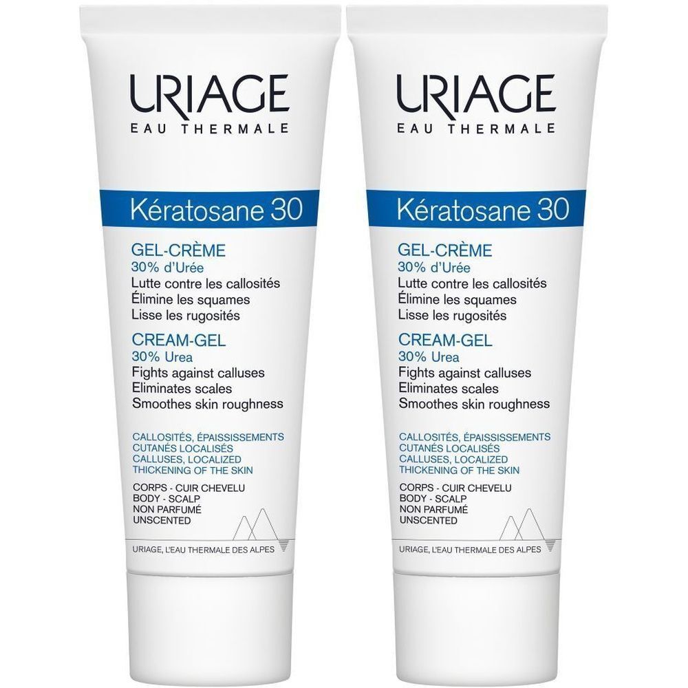 Deux tubes Uriage Kératosane 30 Gel-Crème. Blanc, texte bleu et noir. Inscription : 30% Urée, contre callosités, élimine squames, lisse rugosités.
