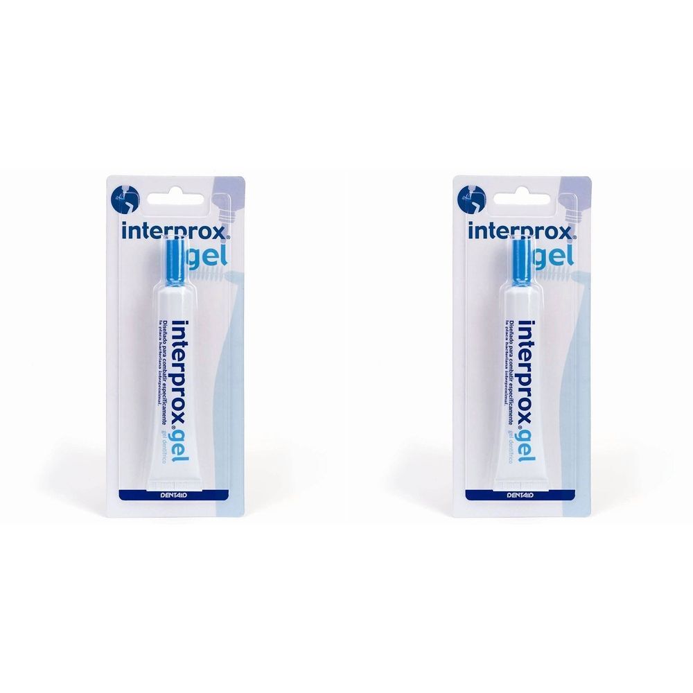 Deux emballages de gel Interprox. Chaque emballage contient un tube de gel dans un blister. Coloris bleu et blanc.