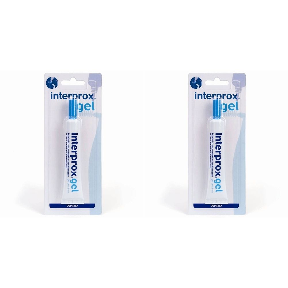 Deux emballages de gel Interprox. Chaque emballage contient un tube de gel dans un blister. Coloris bleu et blanc.