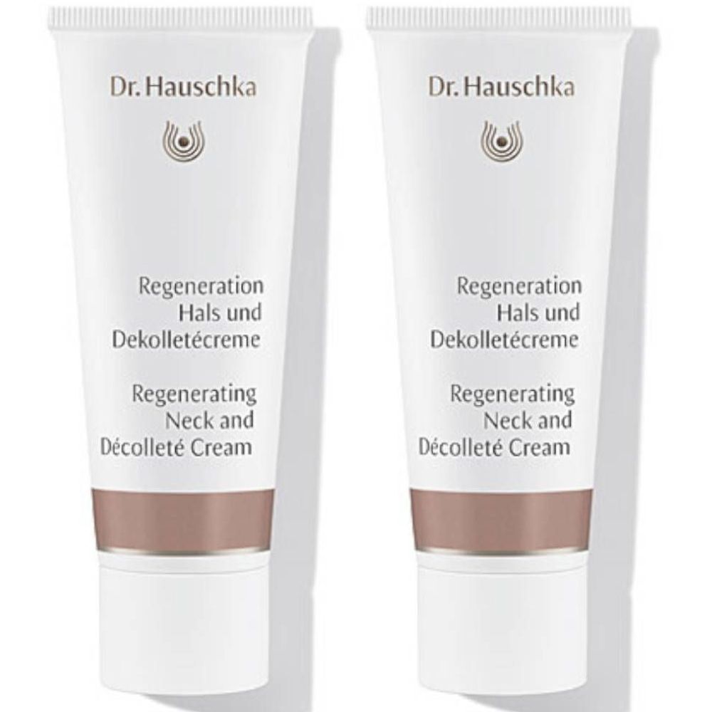 Deux tubes de crème Dr. Hauschka Régénération Cou et Décolleté. Tubes blancs avec bande marron et texte.