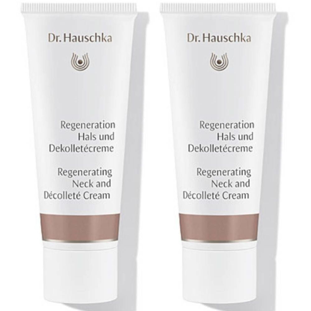 Deux tubes de crème Dr. Hauschka Régénération Cou et Décolleté. Tubes blancs avec bande marron et texte.