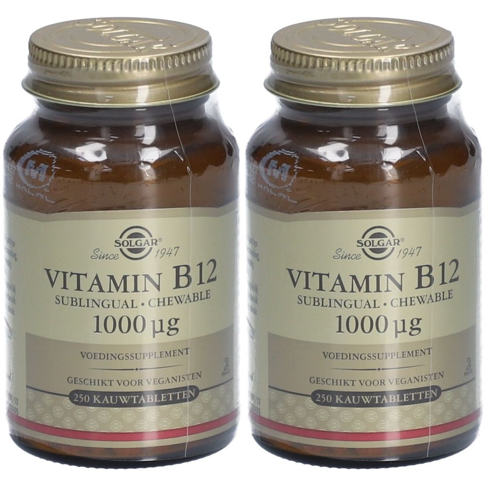 Deux flacons de Solgar Vitamine B12. Flacons en verre brun avec couvercles dorés et étiquettes. Inscription : Vitamine B12, 1000 µg, 250 comprimés à croquer.