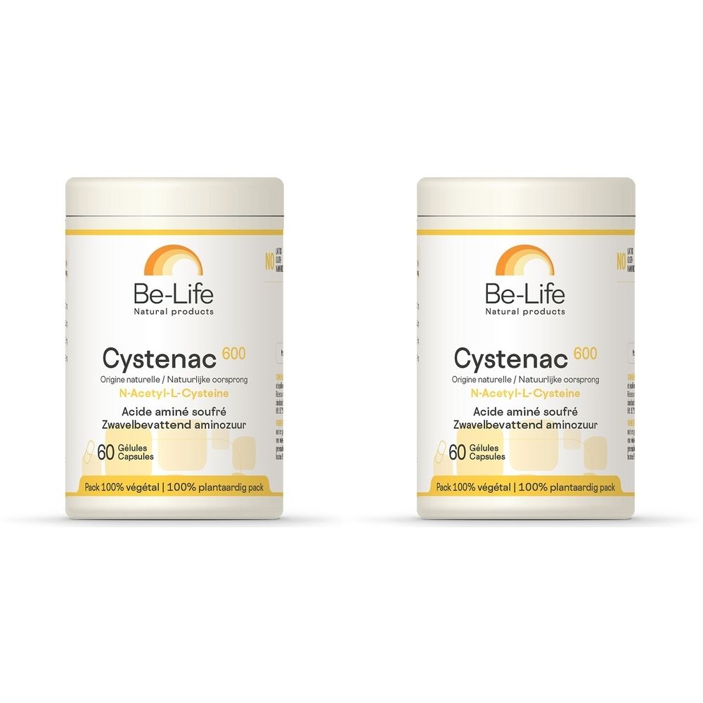 Deux boîtes cylindriques blanches avec couvercles jaunes. Inscription: Be-Life Cystenac 600, 60 gélules. Texte en français et néerlandais.
