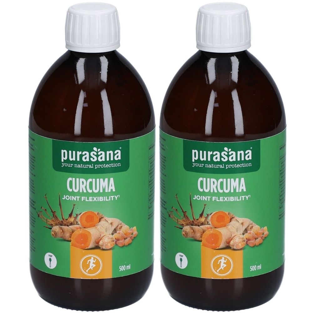 Deux bouteilles de Purasana Curcuma Forte. Étiquettes vertes avec nom du produit, illustration de gingembre et logo. Bouchons blancs.