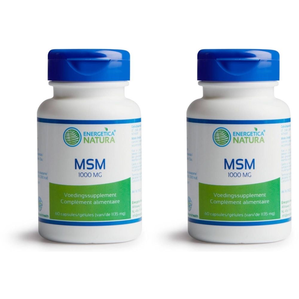 Deux flacons blancs à bouchons bleus. Inscription: Energetica Natura MSM 1000 mg. Complément alimentaire.