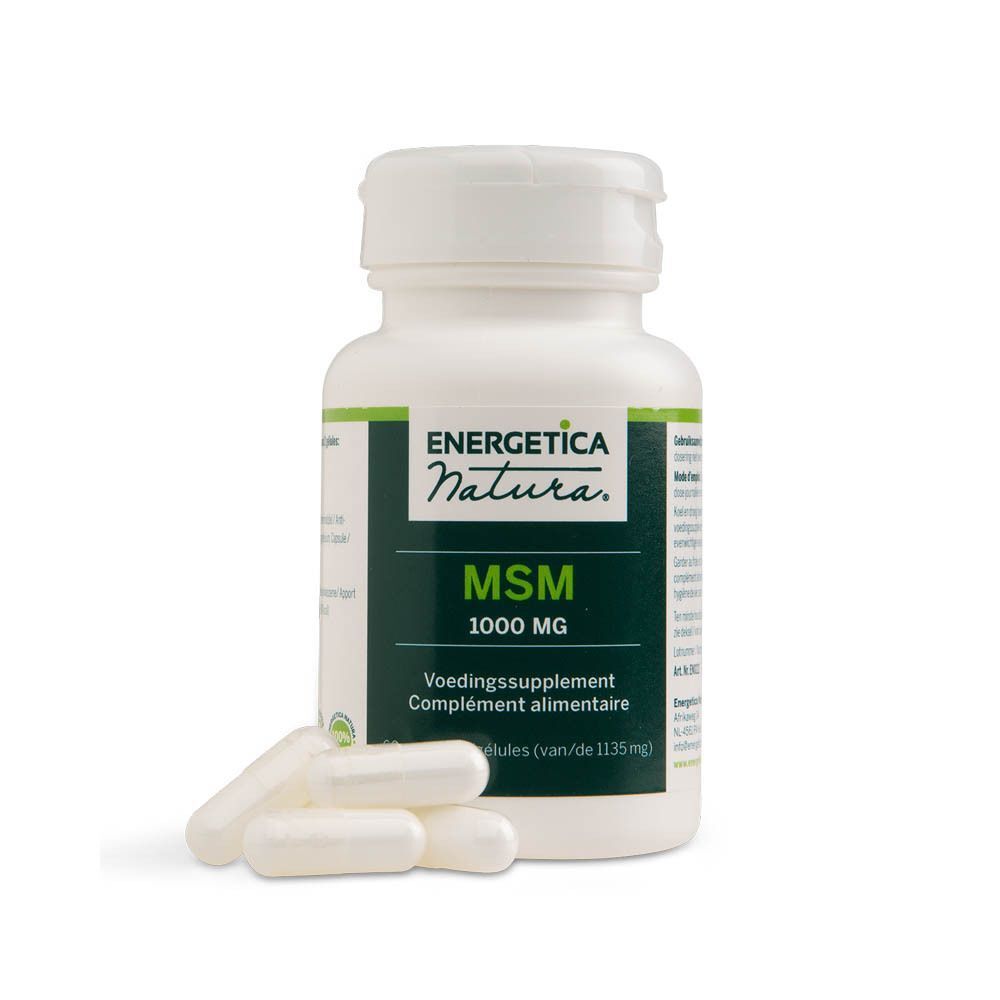 Un flacon de MSM 1000 mg, complément alimentaire, avec des gélules.