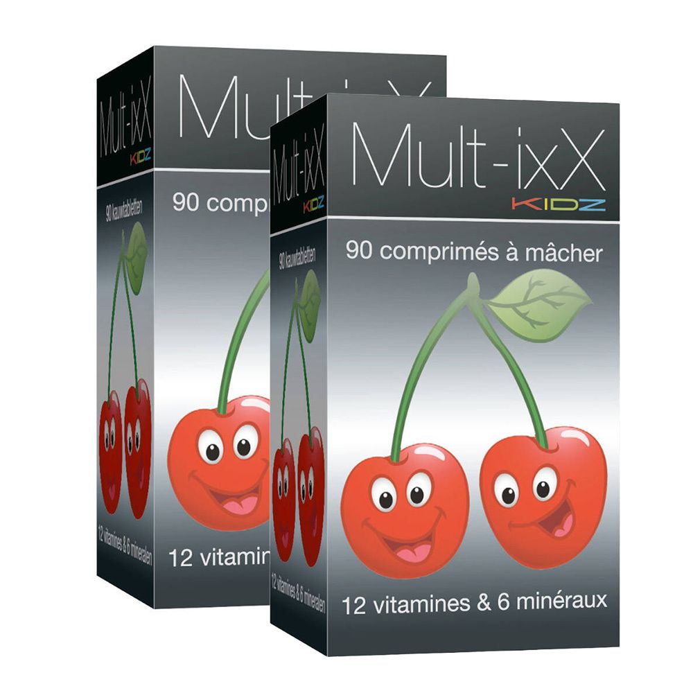 Deux boîtes de Mult-ixX Kidz. Chaque boîte présente une cerise souriante. Texte : 90 comprimés à mâcher, 12 vitamines et 6 minéraux.