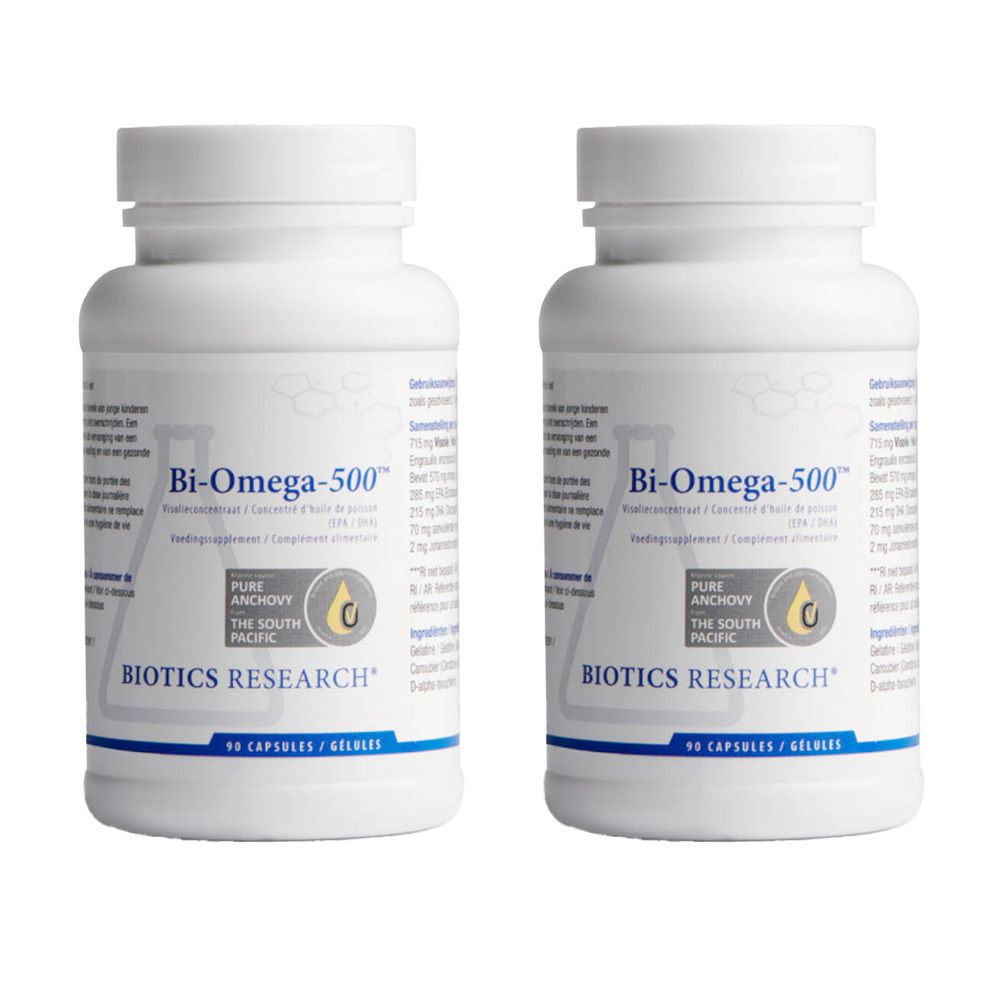 Deux flacons blancs Bi-Omega-500. Inscription: Biotics Research, Pure Anchovy, 90 capsules.
