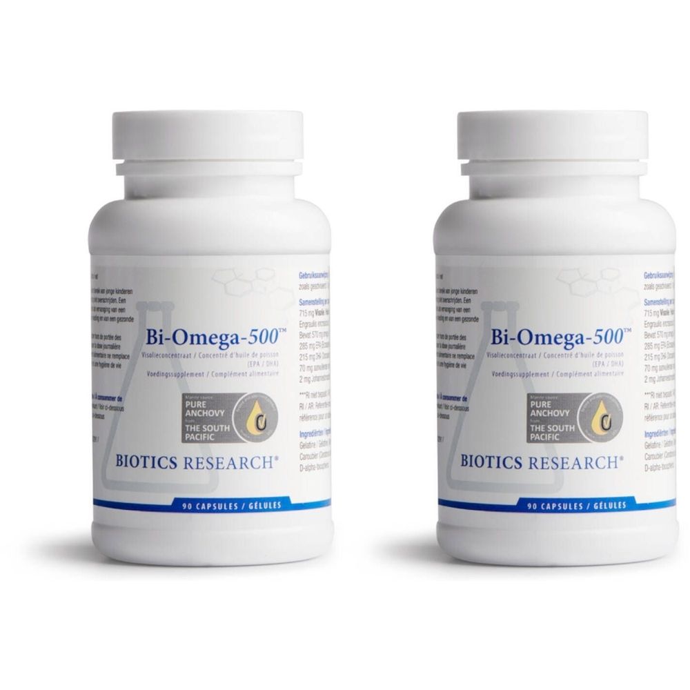 Deux flacons blancs Bi-Omega-500. Inscription: Biotics Research, Pure Anchovy, 90 capsules.