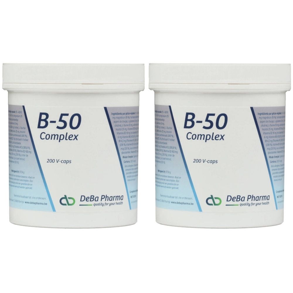 Deux contenants blancs avec l'inscription "B-50 Complex" et "200 V-caps". Le logo DeBa Pharma est également visible.
