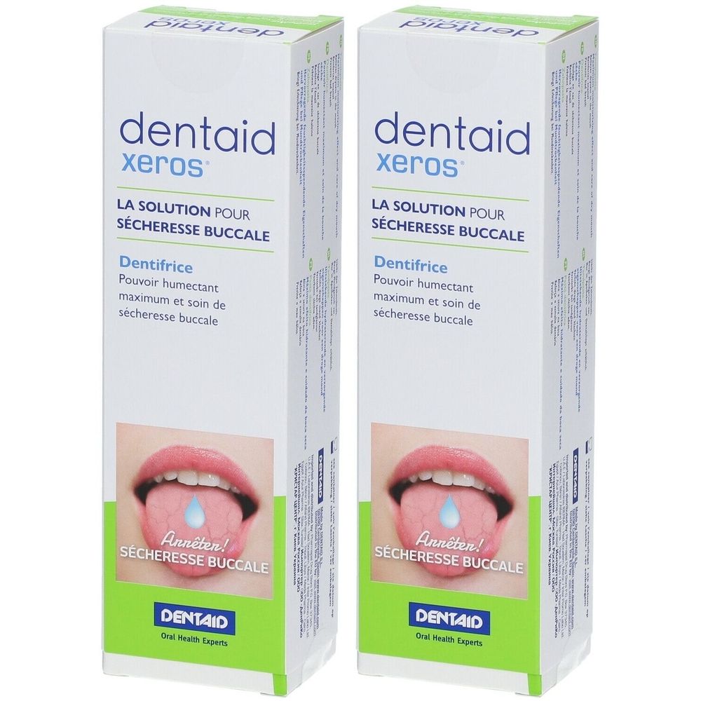 Deux boîtes blanches avec texte bleu et vert. Inscription : dentaid xeros, dentifrice pour sécheresse buccale. Illustration : langue avec goutte.