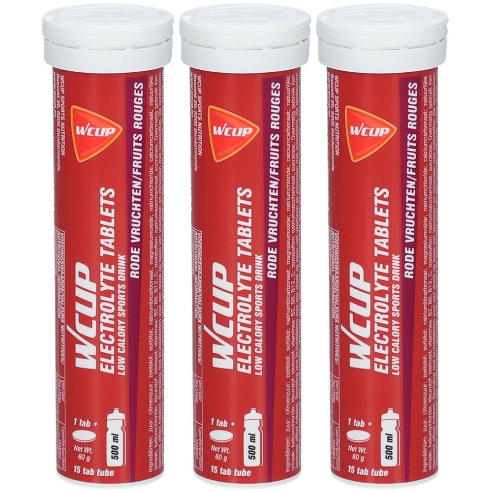 Trois tubes rouges avec bouchons blancs. Inscription: WCUP Electrolyte Tablets, Fruits rouges. 15 comprimés.