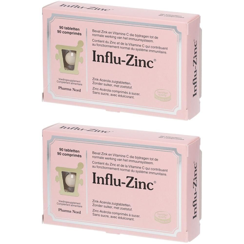 Deux boîtes roses avec le texte "Influ-Zinc". Chaque boîte contient 90 comprimés. Comprimés visibles dans un emballage blister.