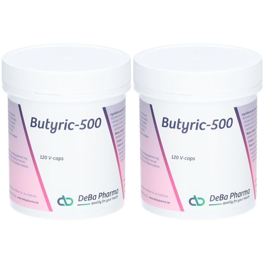 Deux pots blancs avec "Butyric-500" et "120 V-caps". Logo DeBa Pharma. Emballage de supplément.