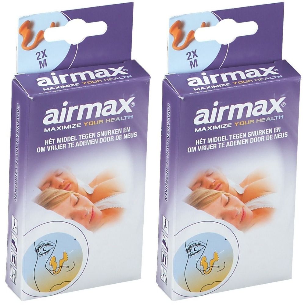 Deux boîtes de dilatateur nasal. Emballage violet avec illustration du produit et texte: airmax, maximize your health. 2x M.