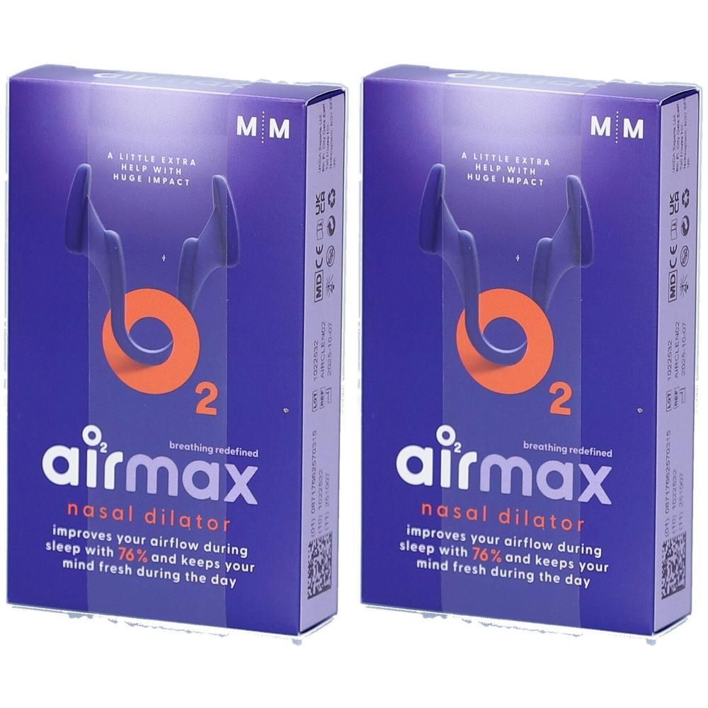Deux boîtes de dilatateur nasal. Emballage bleu avec logo orange et illustration du produit. Texte: airmax, dilatateur nasal.