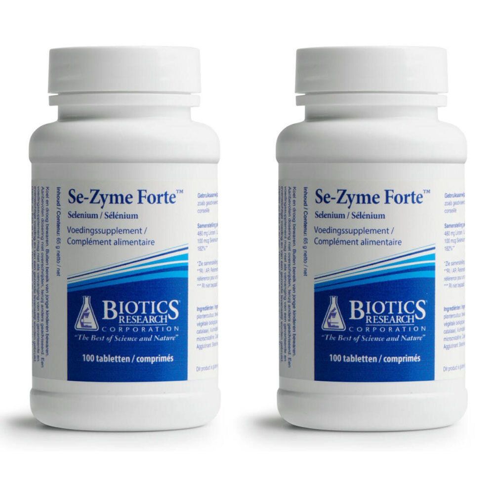 Deux flacons blancs avec étiquettes. Inscription : Se-Zyme Forte, Biotics Research Corporation. 100 comprimés.