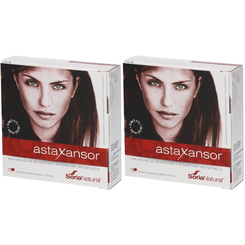 Deux boîtes de produit astaXansor. Impression: visage de femme, barre rouge, logo Soria Natural, texte.