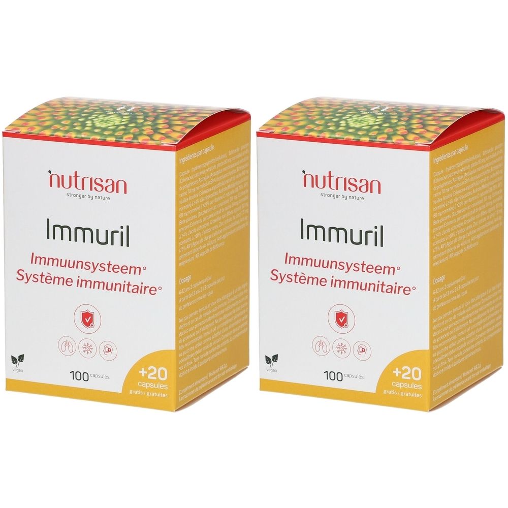 Deux boîtes "Nutrisan Immuril". Texte en néerlandais et français. Contient 100 + 20 capsules.