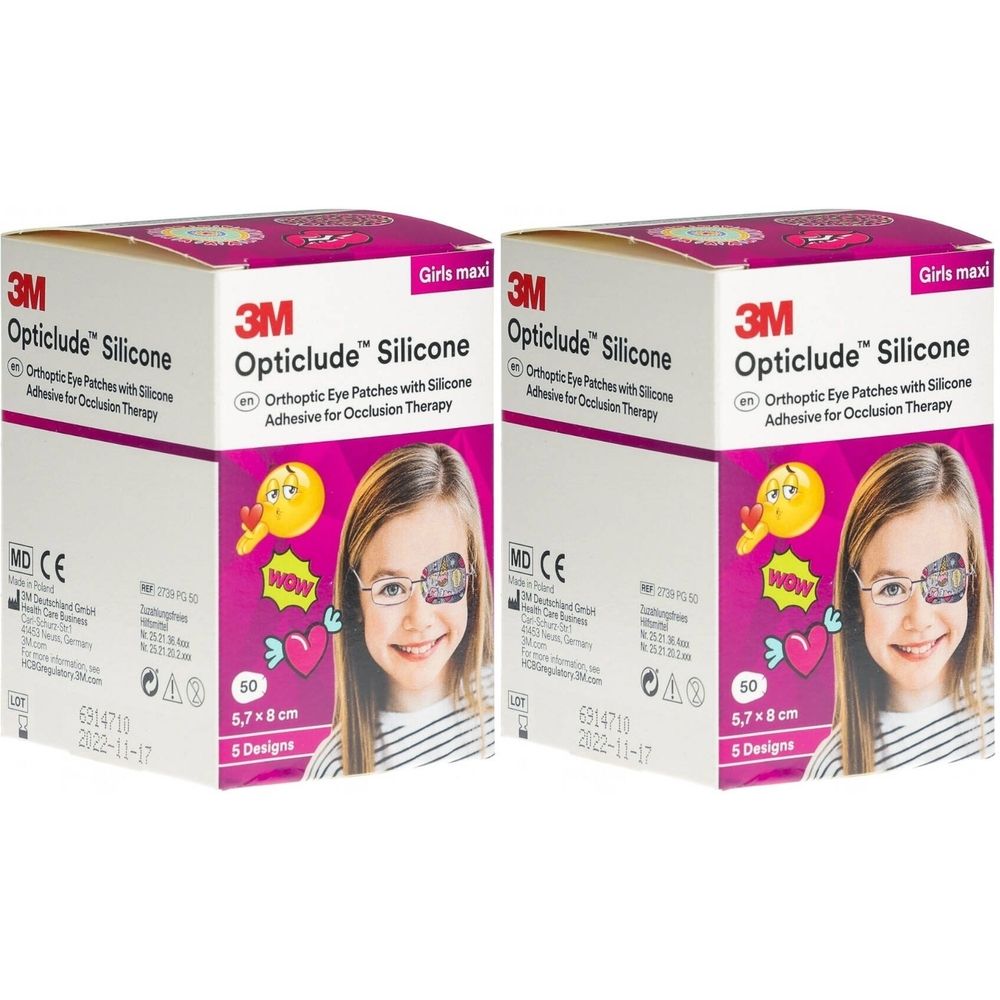Deux boîtes de 3M Opticlude Silicone. Inscription : Girls maxi, 5,7 x 8 cm. Image d'une fille avec un patch oculaire.