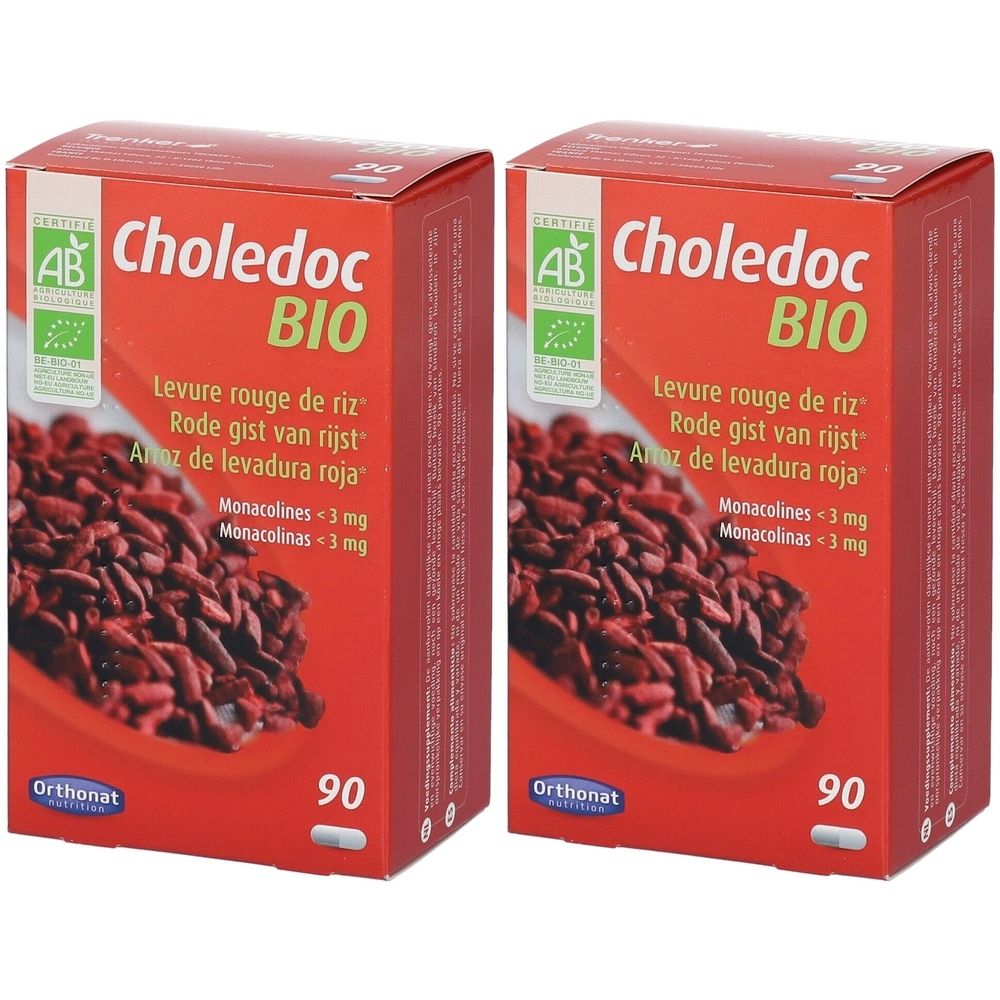 Deux boîtes rouges "Choledoc BIO". Contiennent 90 comprimés. Certification AB-Bio et logo "Orthonat".