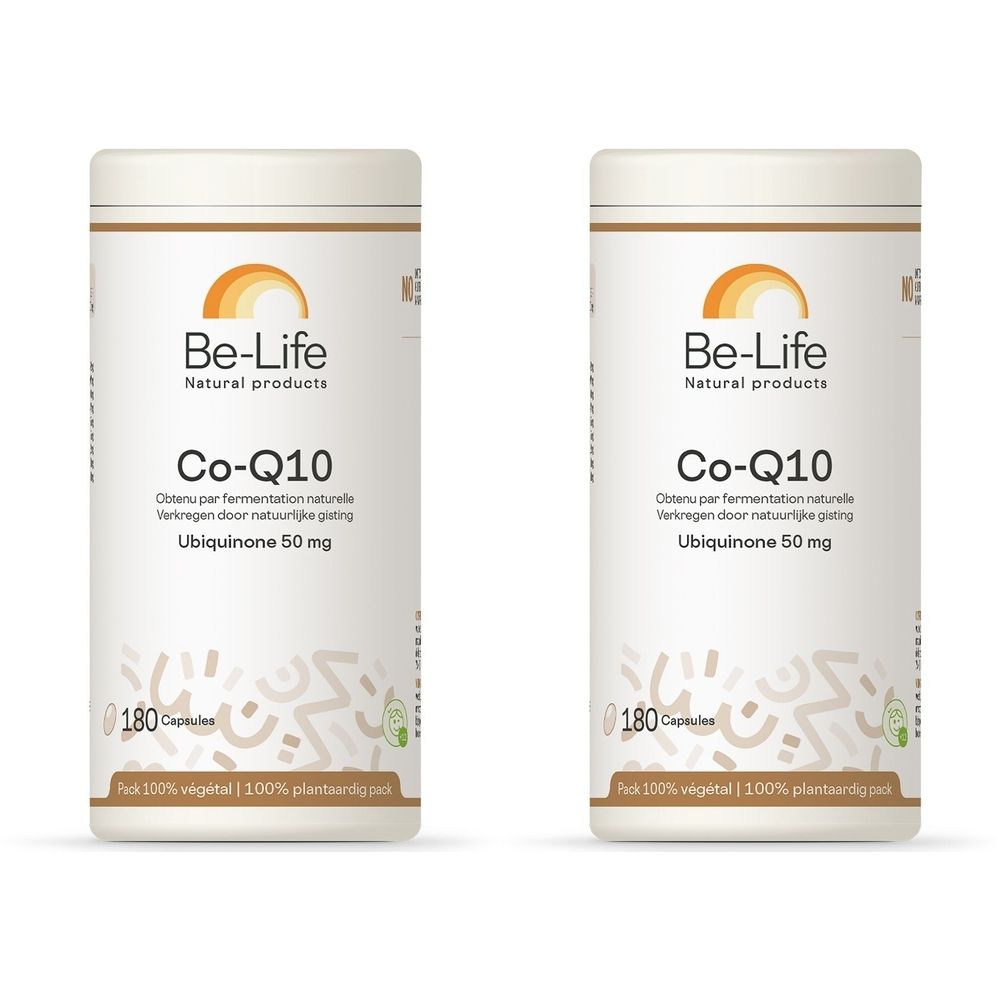Deux flacons cylindriques blancs avec étiquettes. Inscription : Be-Life, Co-Q10, Ubiquinone 50 mg, 180 capsules. Produits naturels.