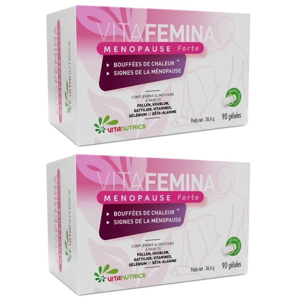 Deux boîtes de Vitanutrics Vitafemina Menopause Forte. Boîtes blanches avec des accents roses et verts. Texte : Menopause Forte, 90 gélules.