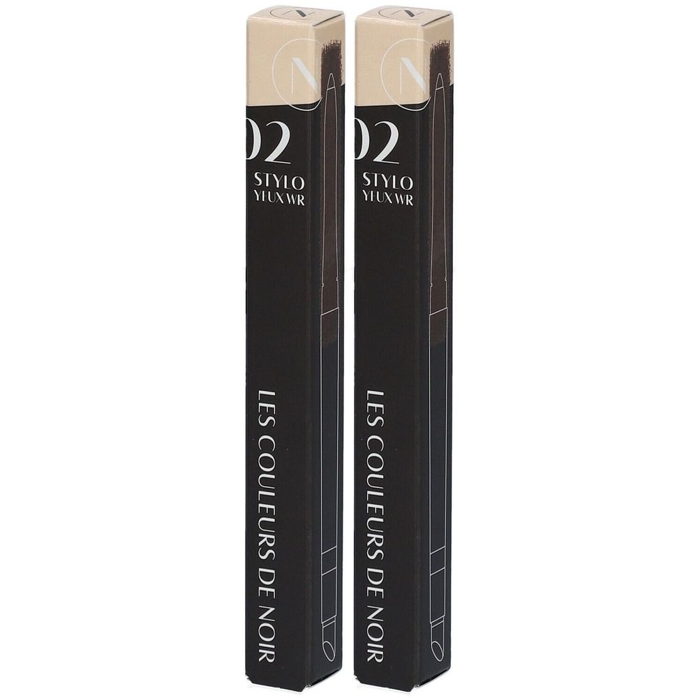 Deux stylos noirs dans un emballage rectangulaire. Inscription: Les Couleurs de Noir, Stylo Yeux WR 02.