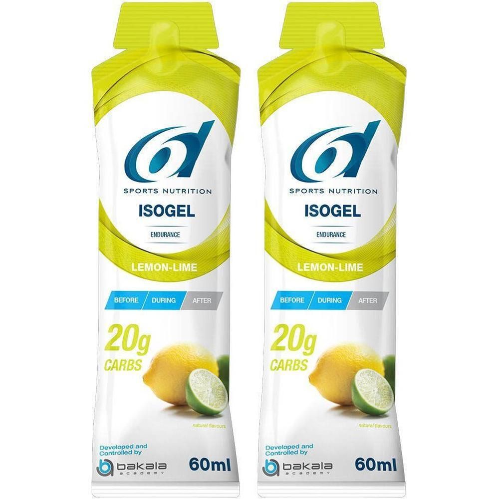 Deux sachets de 6D Sports Nutrition ISOGEL. Design jaune et blanc avec logo, nom du produit, citron et citron vert. 60ml.
