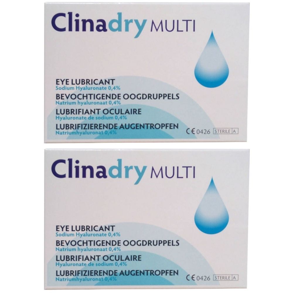 Deux boîtes de Clinadry Multi. Inscriptions : Eye Lubricant, Bevochtigende Oogdruppels, Lubrifiant Oculaire, Lubrifizierende Augentropfen.