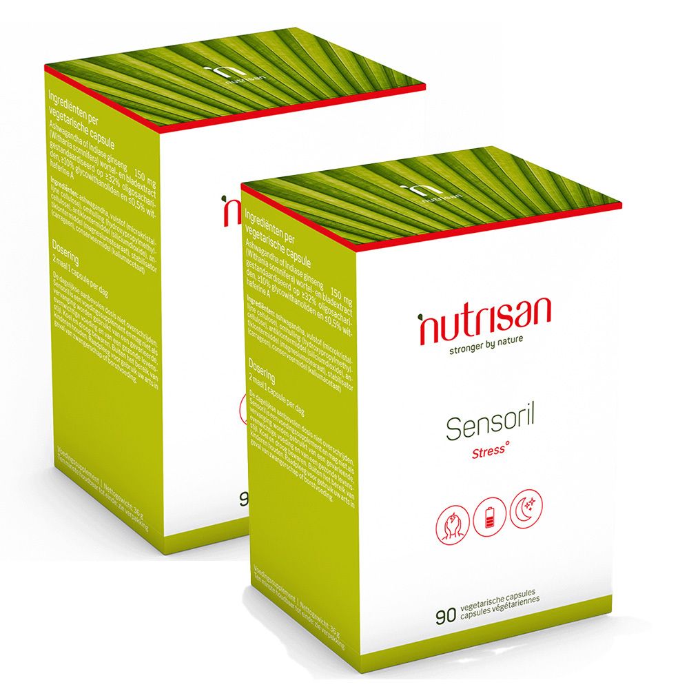 Deux boîtes blanches avec des accents verts. Inscription : Nutrisan Sensoril Stress, 90 gélules végétales. Logos.