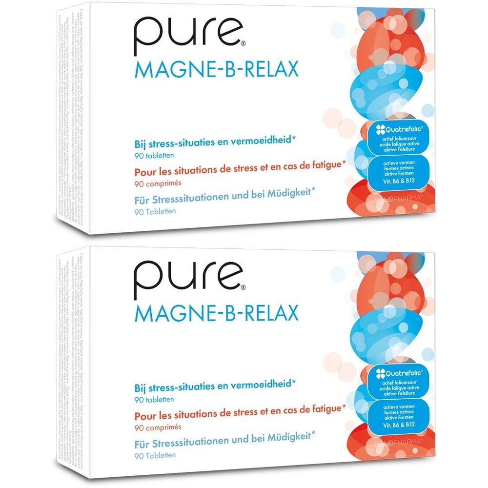 Deux boîtes de Pure Magne-B-Relax. Boîtes blanches avec nom du produit et graphiques colorés. Texte en néerlandais, français et allemand.