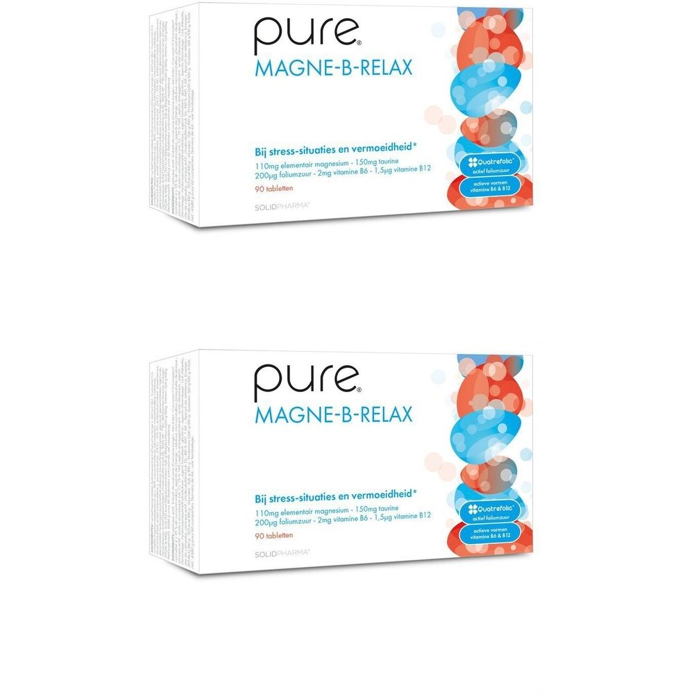 Deux boîtes de Pure Magne-B-Relax. Boîtes blanches avec nom du produit et graphiques colorés. Texte en néerlandais.